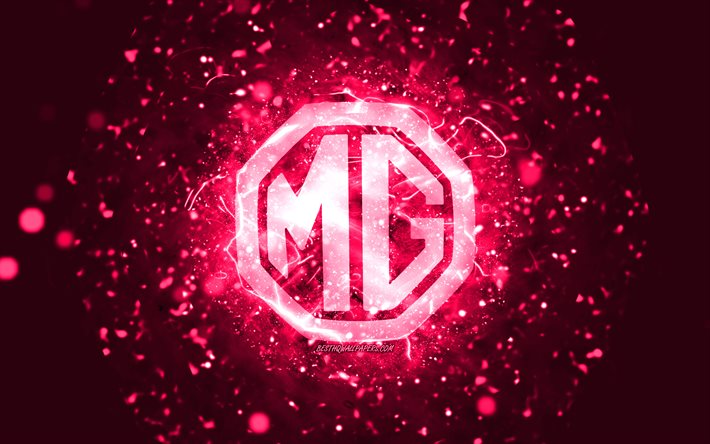 MG rosa logotyp, 4k, rosa neonljus, kreativ, rosa abstrakt bakgrund, MG-logotyp, bilm&#228;rken, MG
