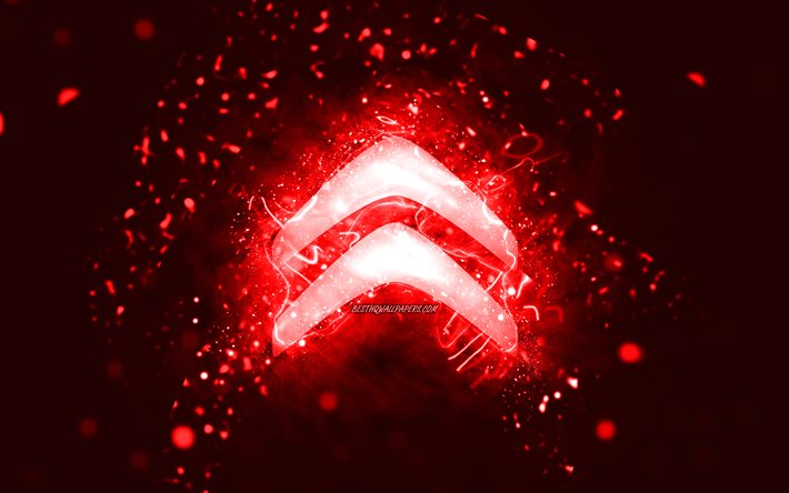 Logo rosso Citroen, 4k, luci al neon rosse, creativo, sfondo astratto rosso, logo Citroen, marchi automobilistici, Citroen