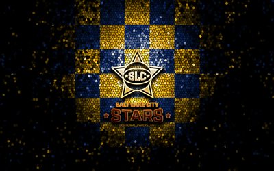 Salt Lake City Stars, glitter logo, NBA G League, yellow blue checkered background, basketball, american basketball team, Salt Lake City Stars logo, mosaic art