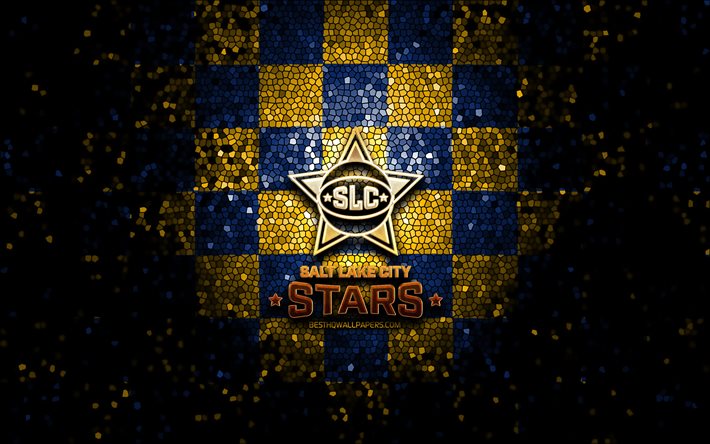 Salt Lake City Stars, logo glitter, NBA G League, sfondo giallo blu a scacchi, basket, squadra di basket americana, logo Salt Lake City Stars, mosaico artistico