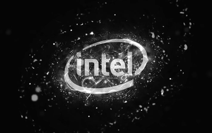 Intel logo bianco, 4k, luci al neon bianche, creativo, sfondo astratto nero, logo Intel, marchi, Intel