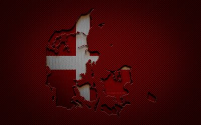 Carte du Danemark, 4k, pays europ&#233;ens, drapeau danois, fond de carbone rouge, silhouette de carte du Danemark, drapeau du Danemark, Europe, carte danoise, Danemark