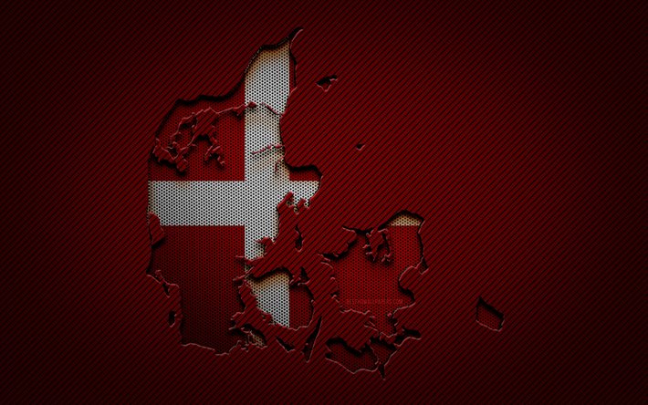 Danmarkskarta, 4k, europeiska l&#228;nder, dansk flagga, r&#246;d kolbakgrund, Danmarks kartsiluett, Danmarks flagga, Europa, dansk karta, Danmark