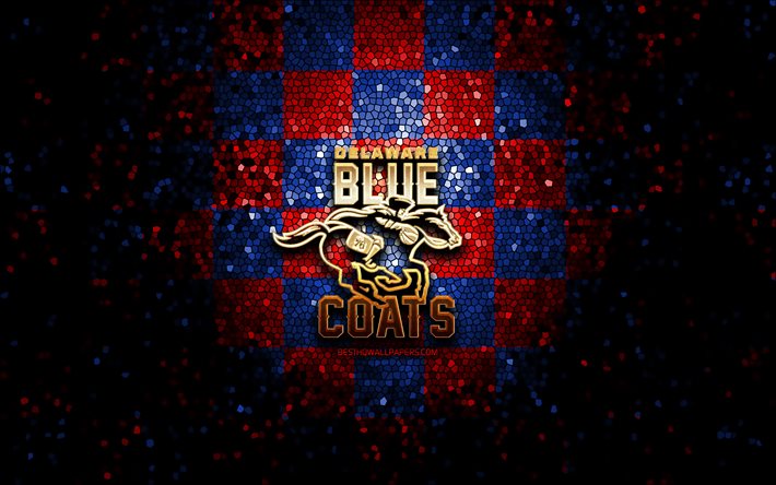 Delaware Blue Coats, logo glitterato, NBA G League, sfondo a scacchi blu rosso, basket, squadra di basket americana, logo Delaware Blue Coats, arte del mosaico
