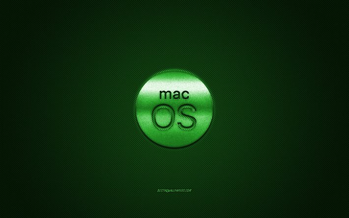 Logo MacOS, logo verde lucido, emblema in metallo MacOS, trama in fibra di carbonio verde, MacOS, marchi, arte creativa