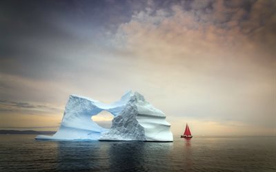 iceberg, sera, tramonto, Oceano Atlantico settentrionale, ghiaccio, grande iceberg, Groenlandia