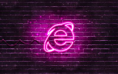 Internet Explorer purple logo, 4k, purple brickwall, Internet Explorer logo, brands, Internet Explorer neon logo, Internet Explorer