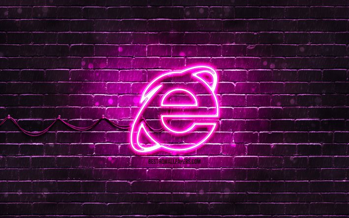 Logo Internet Explorer violet, 4k, mur de briques violet, logo Internet Explorer, marques, logo n&#233;on Internet Explorer, Internet Explorer