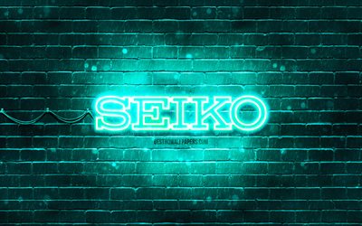 Seiko turquoise logo, 4k, turquoise brickwall, Seiko logo, brands, Seiko neon logo, Seiko