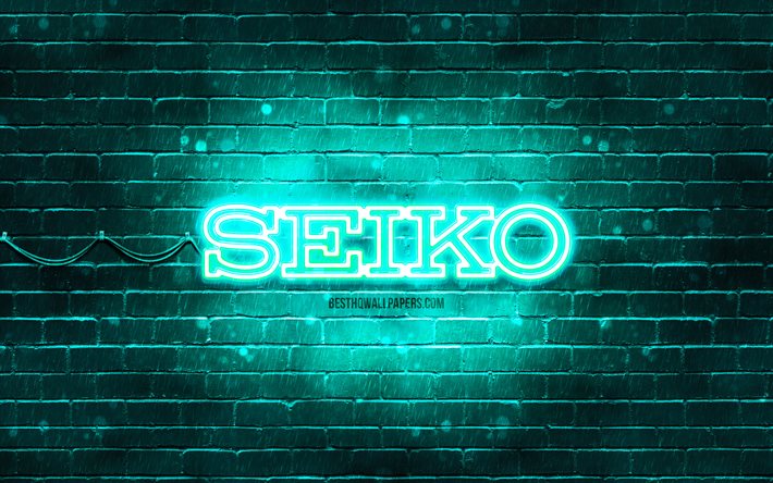 Logotipo turquesa Seiko, 4k, parede de tijolos turquesa, logotipo Seiko, marcas, logotipo Seiko neon, Seiko