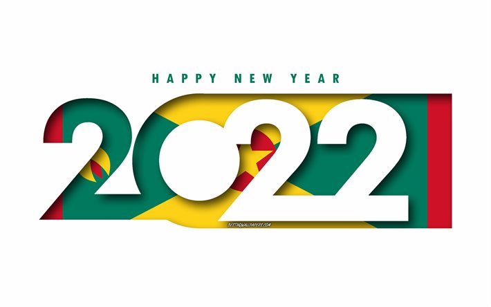 Hyv&#228;&#228; uutta vuotta 2022 Grenada, valkoinen tausta, Grenada 2022, Grenada 2022 uusivuosi, 2022 konseptit, Grenada, Grenadan lippu