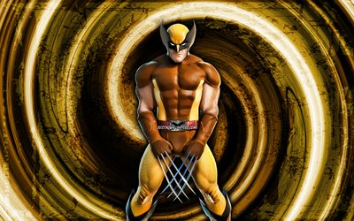 4k, Wolverine, fundo amarelo grunge, Fortnite, v&#243;rtice, Personagens Fortnite, Pele de Wolverine, Fortnite Battle Royale, Fortnite Wolverine
