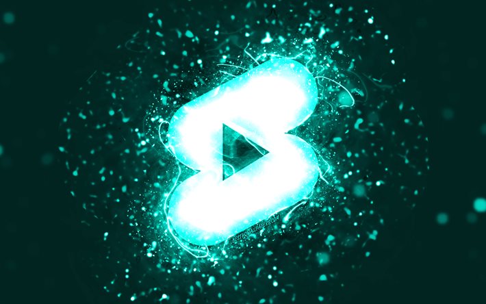 Logo turquoise de short Youtube, 4k, n&#233;ons turquoise, cr&#233;atif, fond abstrait turquoise, logo de short Youtube, r&#233;seau social, short Youtube