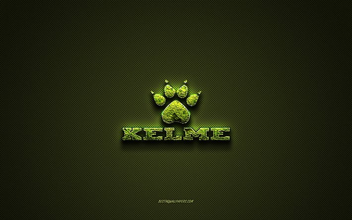 Kelme logo, green creative logo, floral art logo, Kelme emblem, green carbon fiber texture, Kelme, creative art