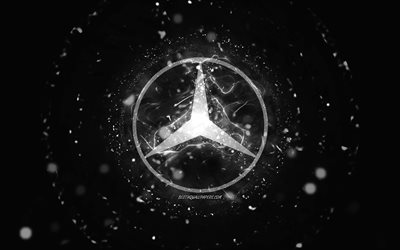 Mercedes-Benz white logo, 4k, white neon lights, creative, black abstract background, Mercedes-Benz logo, cars brands, Mercedes-Benz