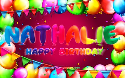 お誕生日おめでとうナタリー, 4k, カラフルなバルーンフレーム, ナタリー名, 紫の背景, ナタリーお誕生日おめでとう, ナタリーの誕生日, 人気のアメリカ人女性の名前, 誕生日のコンセプト, ナタリー