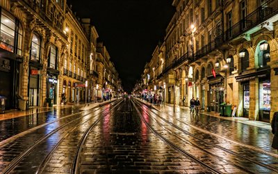 Bordeaux, nightscapes, street, french ciies, street lights, France, Europe, Bordeaux at night