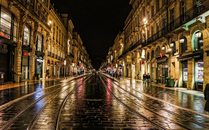 Bordeaux, gece manzaraları, sokak, Fransız şehirleri, sokak lambaları, Fransa, Avrupa, Bordeaux geceleri