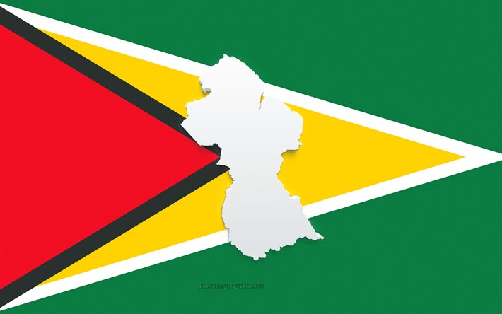 Silhueta do mapa da Guiana, Bandeira da Guiana, silhueta da bandeira, Guiana, 3D Silhueta do mapa da Guiana, Mapa da Guiana 3D