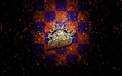 Orlando Solar Bears, glitter logo, ECHL, violet orange checkered background, hockey, american hockey team, Orlando Solar Bears logo, mosaic art