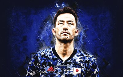 Maya Yoshida, Japan national football team, Japanese footballer, portrait, blue stone background, football, Japan