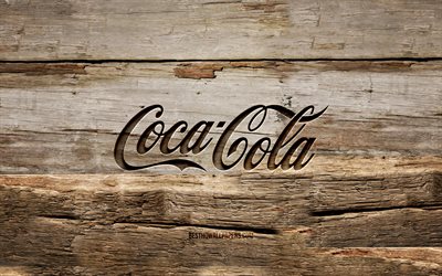 Coca-Cola wooden logo, 4K, wooden backgrounds, brands, Coca-Cola logo, creative, wood carving, Coca-Cola