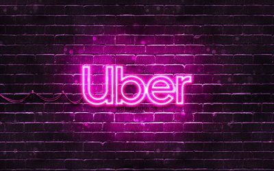 Uber purple logo, 4k, purple brickwall, Uber logo, brands, Uber neon logo, Uber