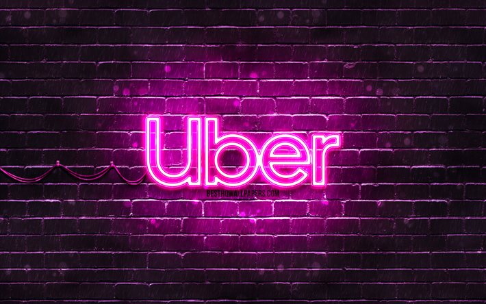 Uber mor logo, 4k, mor brickwall, Uber logo, markalar, Uber neon logo, Uber