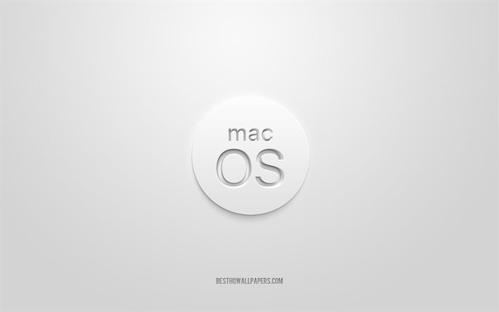 Logotipo do MacOS 3D, fundo branco, logotipo branco do MacOS, logotipo 3D, emblema do MacOS, MacOS, arte 3D