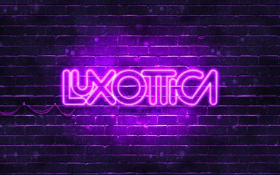 Logotipo da Luxottica violeta, 4k, parede de tijolos violeta, logotipo da Luxottica, marcas, logotipo da Luxottica neon, Luxottica