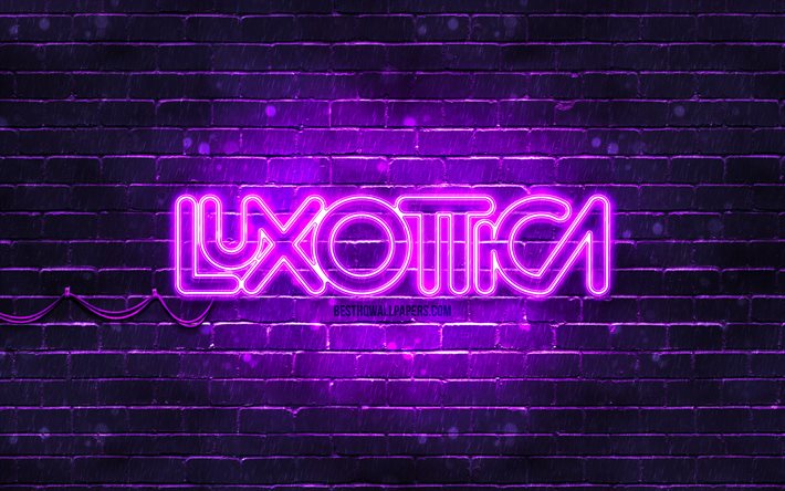 Luxottica menekşe logosu, 4k, menekşe brickwall, Luxottica logosu, markalar, Luxottica neon logosu, Luxottica