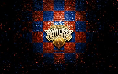 Westchester Knicks, glitter logo, NBA G League, orange blue checkered background, basketball, american basketball team, Westchester Knicks logo, mosaic art