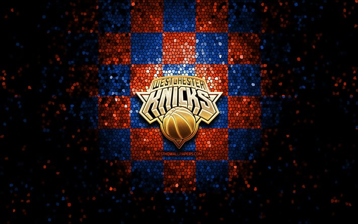Westchester Knicks, logotipo brilhante, NBA G League, fundo xadrez azul laranja, basquete, time americano de basquete, logotipo Westchester Knicks, arte em mosaico