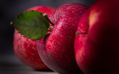 maçãs vermelhas, 4k, macro, frutas maduras, vitaminas, alimentos saudáveis, frutas, close-up