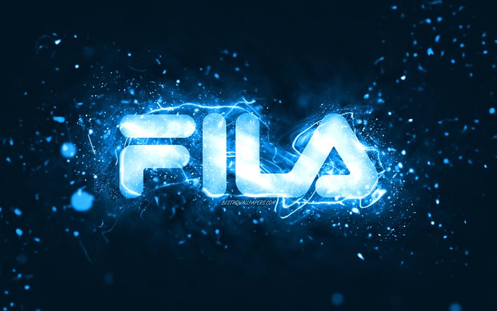Fila blue logo, 4k, blue neon lights, creative, blue abstract background, Fila logo, brands, Fila