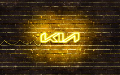 KIA yellow logo, yellow brickwall, 4k, KIA new logo, cars brands, KIA neon logo, KIA 2021 logo, KIA logo, KIA