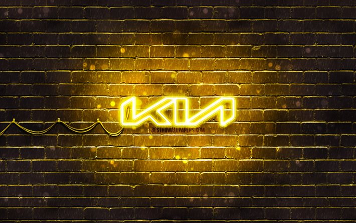 KIA sarı logo, sarı brickwall, 4k, KIA yeni logo, araba markaları, KIA neon logo, KIA 2021 logo, KIA logo, KIA