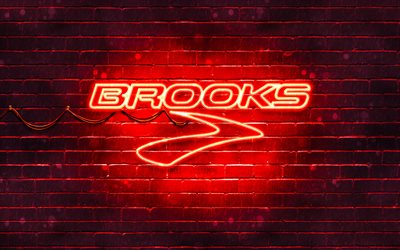 Brooks Sports r&#246;d logotyp, 4k, r&#246;d tegelv&#228;gg, Brooks Sports logotyp, varum&#228;rken, Brooks Sports neonlogotyp, Brooks Sports