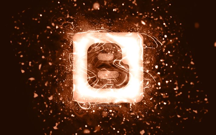 Bloggerin ruskea logo, 4k, ruskeat neonvalot, luova, ruskea abstrakti tausta, Blogger-logo, sosiaalinen verkosto, Blogger