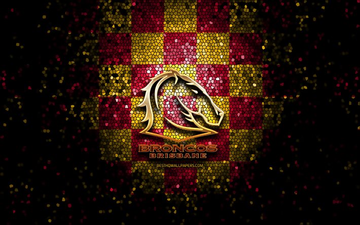 Brisbane Broncos, glitter logo, NRL, red yellow checkered background, rugby, australian rugby club, Brisbane Broncos logo, mosaic art, National Rugby League