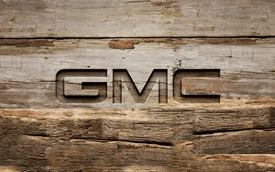 GMC wooden logo, 4K, wooden backgrounds, cars brands, GMC logo, creative, wood carving, GMC