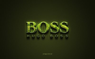 Hugo Boss logosu, yeşil yaratıcı logo, &#231;i&#231;ekli sanat logosu, Hugo Boss amblemi, yeşil karbon fiber doku, Hugo Boss, yaratıcı sanat