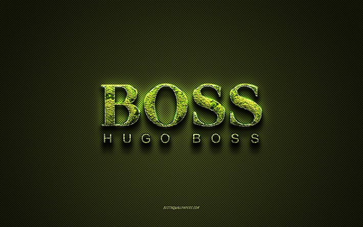 Logo Hugo Boss, logo cr&#233;atif vert, logo d&#39;art floral, embl&#232;me Hugo Boss, texture en fibre de carbone verte, Hugo Boss, art cr&#233;atif