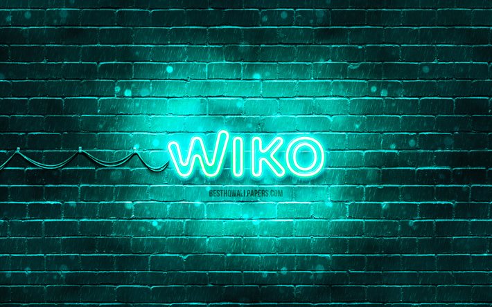 Wiko turquoise logo, 4k, turquoise brickwall, Wiko logo, brands, Wiko neon logo, Wiko
