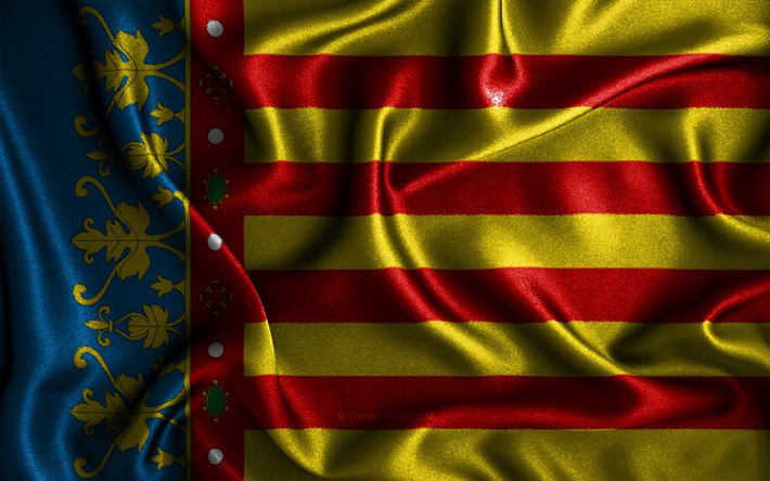 バレンシア州の旗, 4k, シルクの波状の旗, スペインの州, バレンシアの日, ファブリックフラグ, 3Dアート, バレンシア, ヨーロッパ, バレンシア3Dフラグ, スペイン