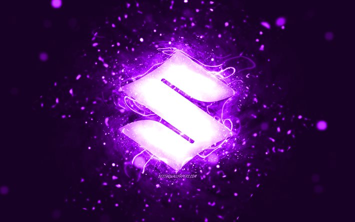 suzuki-violettes logo, 4k, violette neonlichter, kreativer, violetter abstrakter hintergrund, suzuki-logo, automarken, suzuki