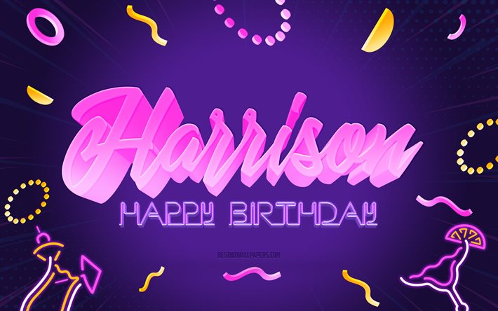 Happy Birthday Harrison, 4k, Purple Party Background, Harrison, creative art, Happy Harrison birthday, Harrison name, Harrison Birthday, Birthday Party Background