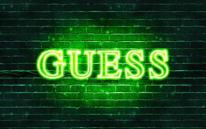 Guess logo verde, 4k, muro di mattoni verde, Guess logo, marchi, Guess neon logo, Guess