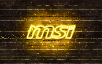 MSI yellow logo, 4k, yellow brickwall, MSI logo, brands, MSI neon logo, MSI
