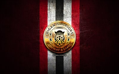 wigan warriors, goldenes logo, sle, roter metallhintergrund, englischer rugby-club, wigan warriors-logo, rugby